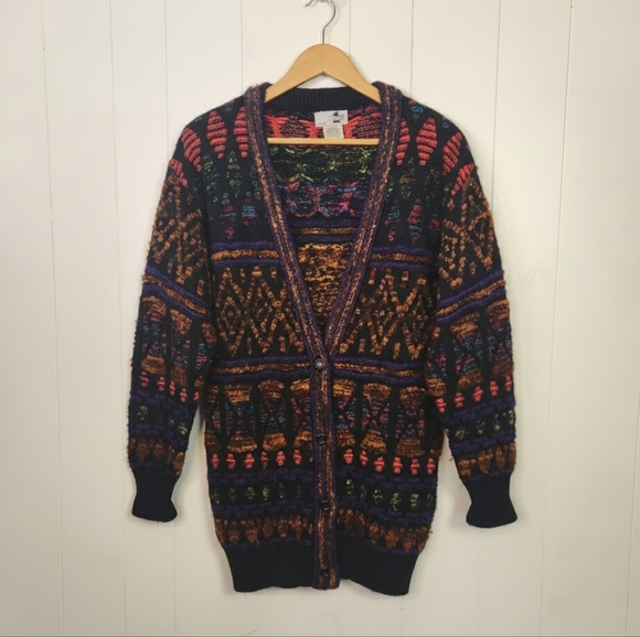 Vintage 90s Textured 3D Knit Bright Abstract V-Neck Cardigan Sweater Size Medium - Picture 11 of 11